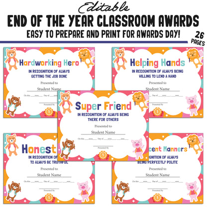 Editable, Creative End-of-Year Class Awards for Students, 26 Pages, PDF, Instant Download – Perfect for Classroom and Student Achievements.