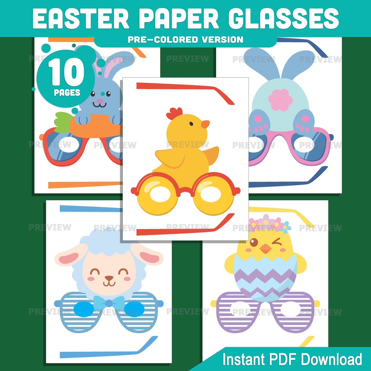Easter Paper Glasses Printable, Bunny Lamb Egg Spring Craft Template, 10 Printable Glasses Designs, Pre-Colored and Black White Activity
