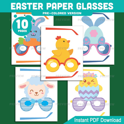 Easter Paper Glasses Printable, Bunny Lamb Egg Spring Craft Template, 10 Printable Glasses Designs, Pre-Colored and Black White Activity