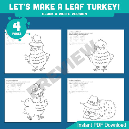 Let’s Make a Colorful Turkey with Real Fall Leaves! Thanksgiving Turkey Craft Kids, Printable Autumn Leaf Turkey Crafts, 4 Designs, 8 Pages, PDF