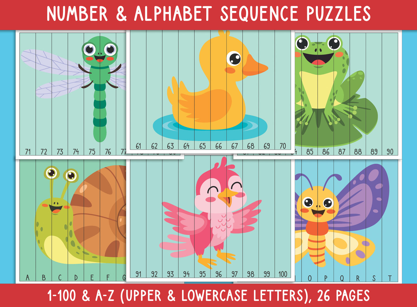 Spring Number and Alphabet Sequence Puzzles (Printable), 1-100 and A-Z (Upper & Lowercase Letters), for Toddler, Preschool, Kindergarten