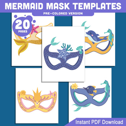 DIY Mermaid Mask Templates: 20 Printable Pages for Kids, Pre-Colored & Black-and-White, Fun for Birthdays, Costumes, and Dress-Up Play, Instant PDF Download