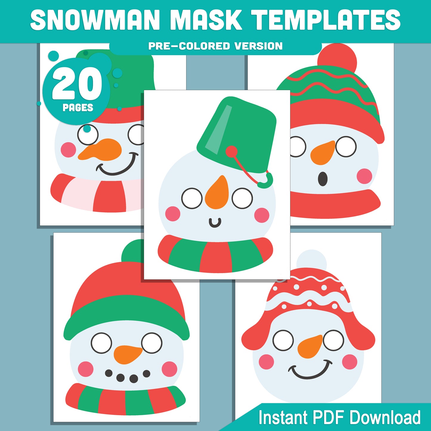 Printable Snowman Mask Templates: 10 Fun Holiday Paper Craft Designs for Kids, 20 Pages (10 Pre-Colored + 10 Black and White), Perfect for Classroom or Home
