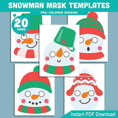 Printable Snowman Mask Templates: 10 Fun Holiday Paper Craft Designs for Kids, 20 Pages (10 Pre-Colored + 10 Black and White), Perfect for Classroom or Home