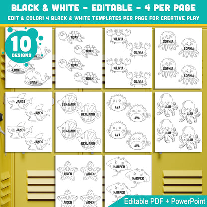 Back to School Editable Locker Labels (Cubby Name Tags), Sea Animal Themed – 4 Per Page, PDF + PowerPoint, 40 Pages of Fun