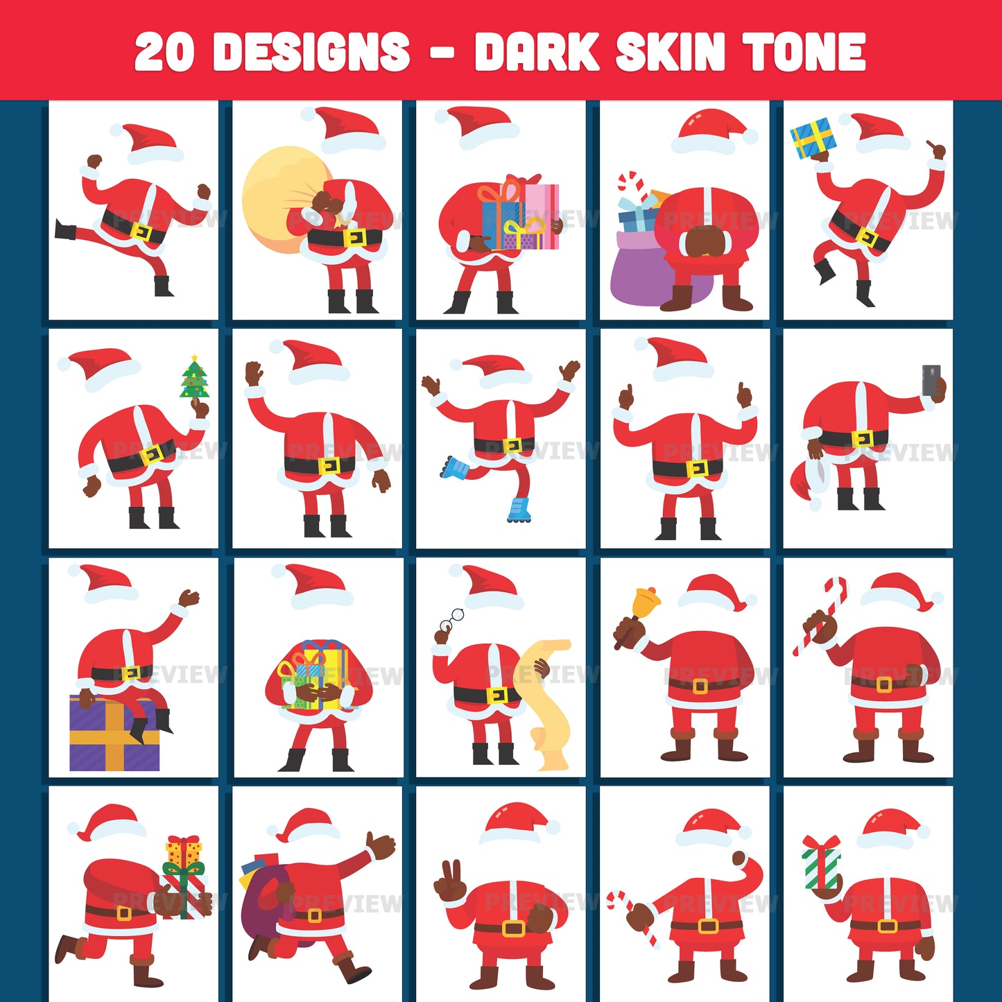 Printable Santa Body Template PNG Crafts – Add Your Own Face Christmas Project, 20 Designs Light + Dark Skin Tones, PDF + PNG for School and Home Use