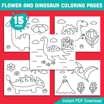 Coloring Pages with Dinosaurs and Flowers: 15 Delightful Designs for Early Learners, Perfect for Preschool & Kindergarten, Instant PDF Download