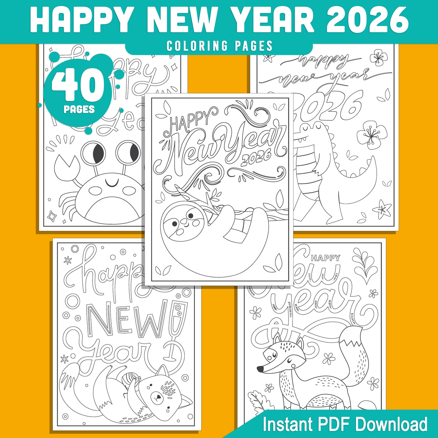 Kids' 2026 New Year Coloring Pages: 40 Funny Animal Prints for Holiday Fun, Creative Printable Activities, PDF Instant Download