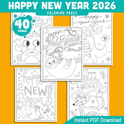 Kids' 2026 New Year Coloring Pages: 40 Funny Animal Prints for Holiday Fun, Creative Printable Activities, PDF Instant Download