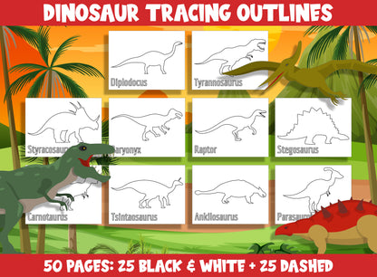 Printable Dinosaur Outline, 25 Blank (Black & White) + 25 Dashed Tracing Outlines Clipart Set, Template / Coloring Sheet for All Grades.