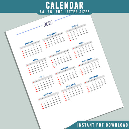 2026 Printable Planner: 19 Minimalist Pages for Goal Tracking, To-Do Lists, and Daily Organization, A4, A5, Letter Sizes, Instant PDF Download.