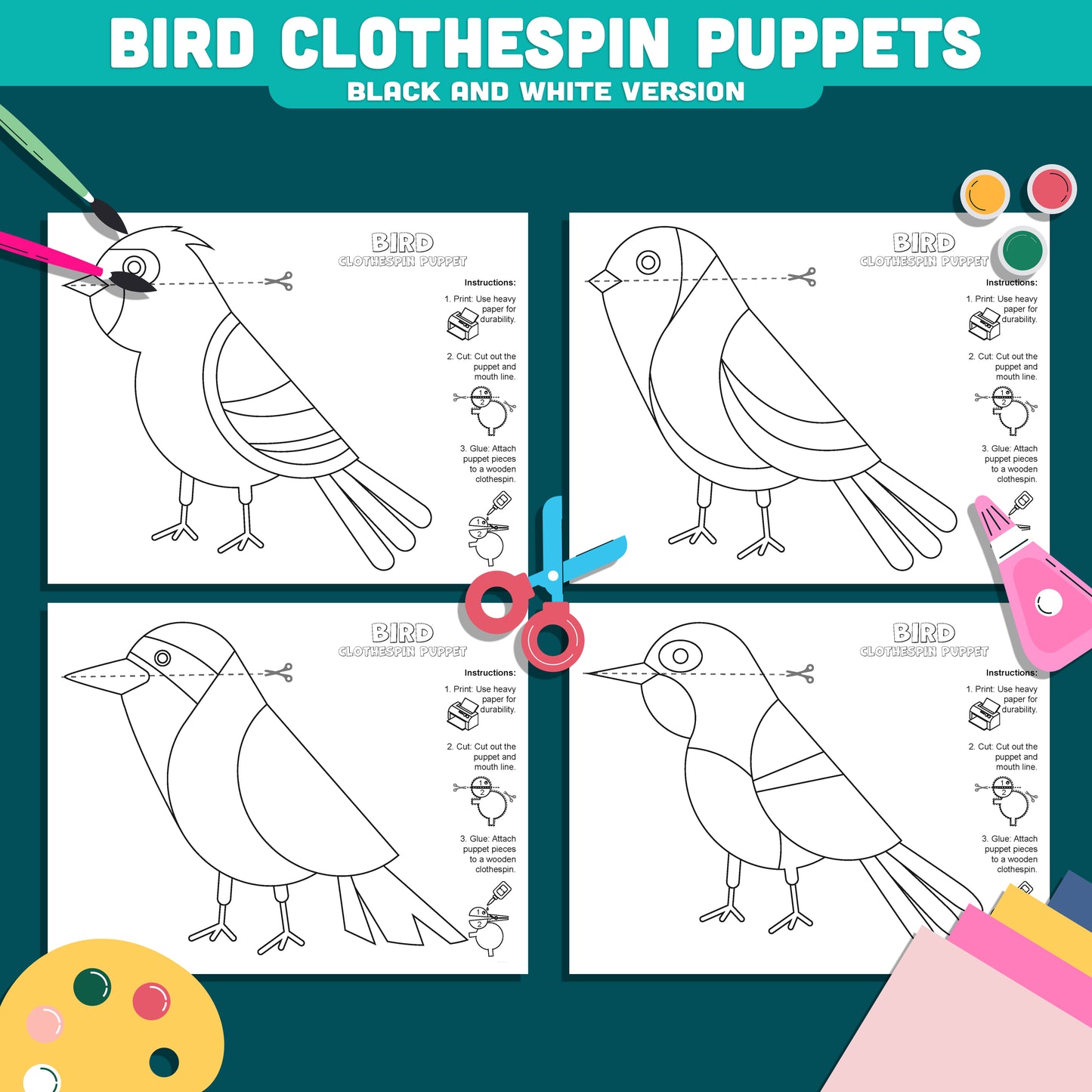 Bird Clothespin Puppets, Color Cut and Play Bird Activity, Printable Nature Craft, Instant PDF Download