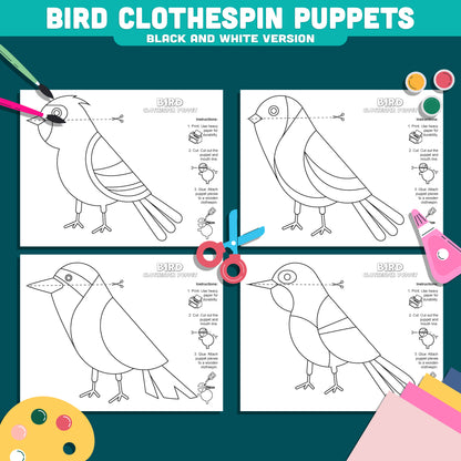 Bird Clothespin Puppets, Color Cut and Play Bird Activity, Printable Nature Craft, Instant PDF Download