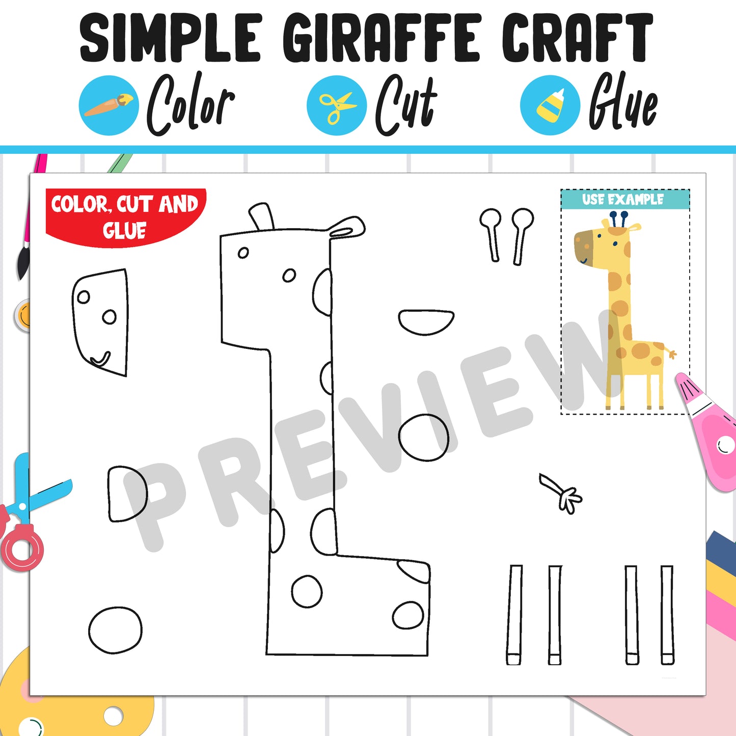 Simple Giraffe Craft for Kids : Color, Cut, and Glue, a Fun Activity for Pre K to 2nd Grade, PDF Instant Download