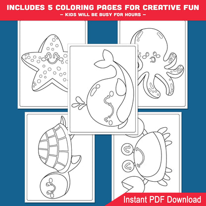 How to Draw Ocean Creatures Step-by-Step, Beginner Drawing Worksheets for Kids with Whale Starfish Octopus Sea Turtle and Crab, Coloring Included PDF