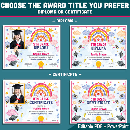 5th Grade Completion Certificate, Fifth Grade Graduation End of School Year Awards, Editable Rainbow Stars, Photo and No Photo, PDF and PowerPoint