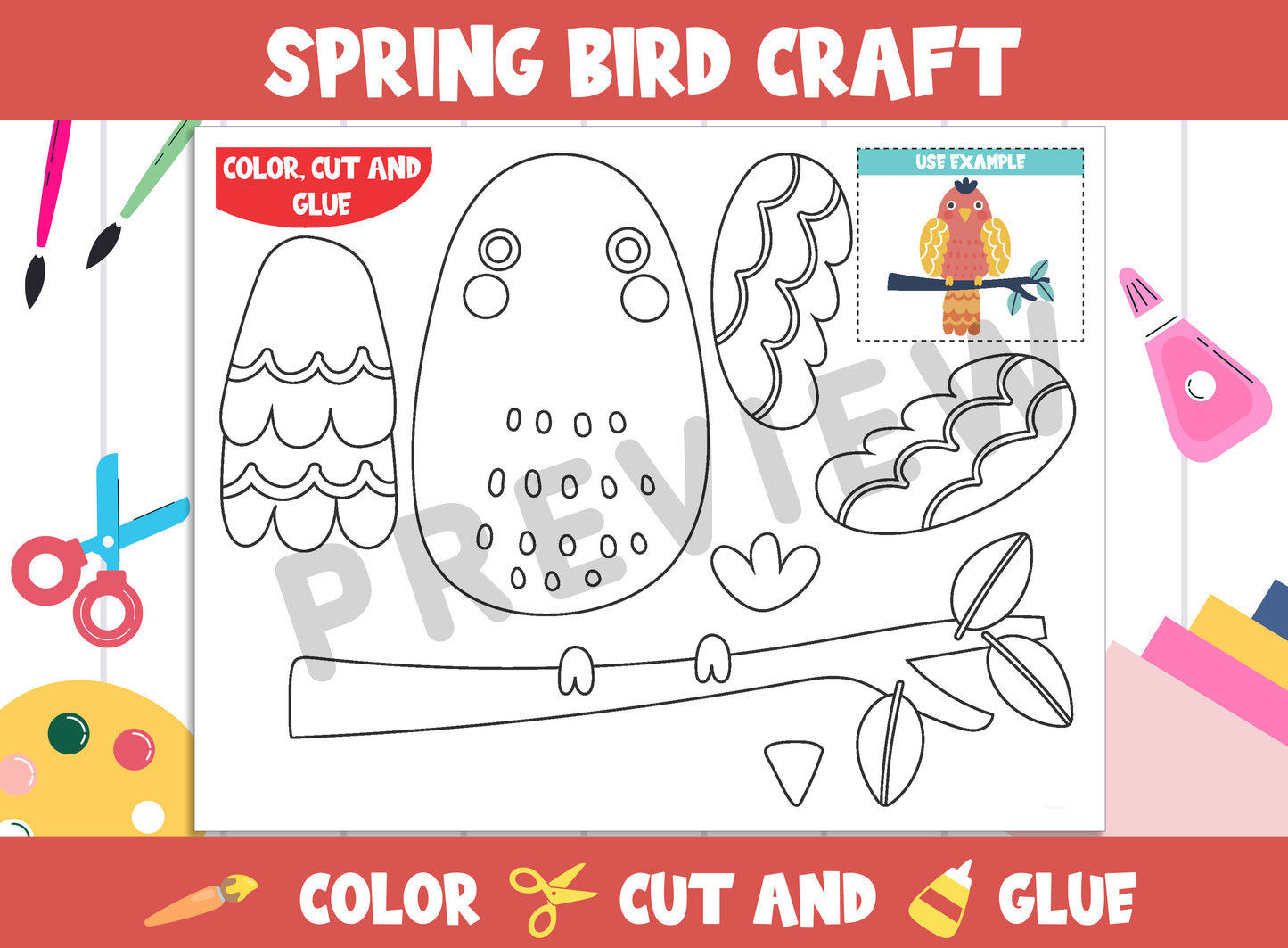 Spring Bird - Spring Craft Activity for Kids : Color, Cut, and Glue for PreK to 2nd Grade, PDF File, Instant Download