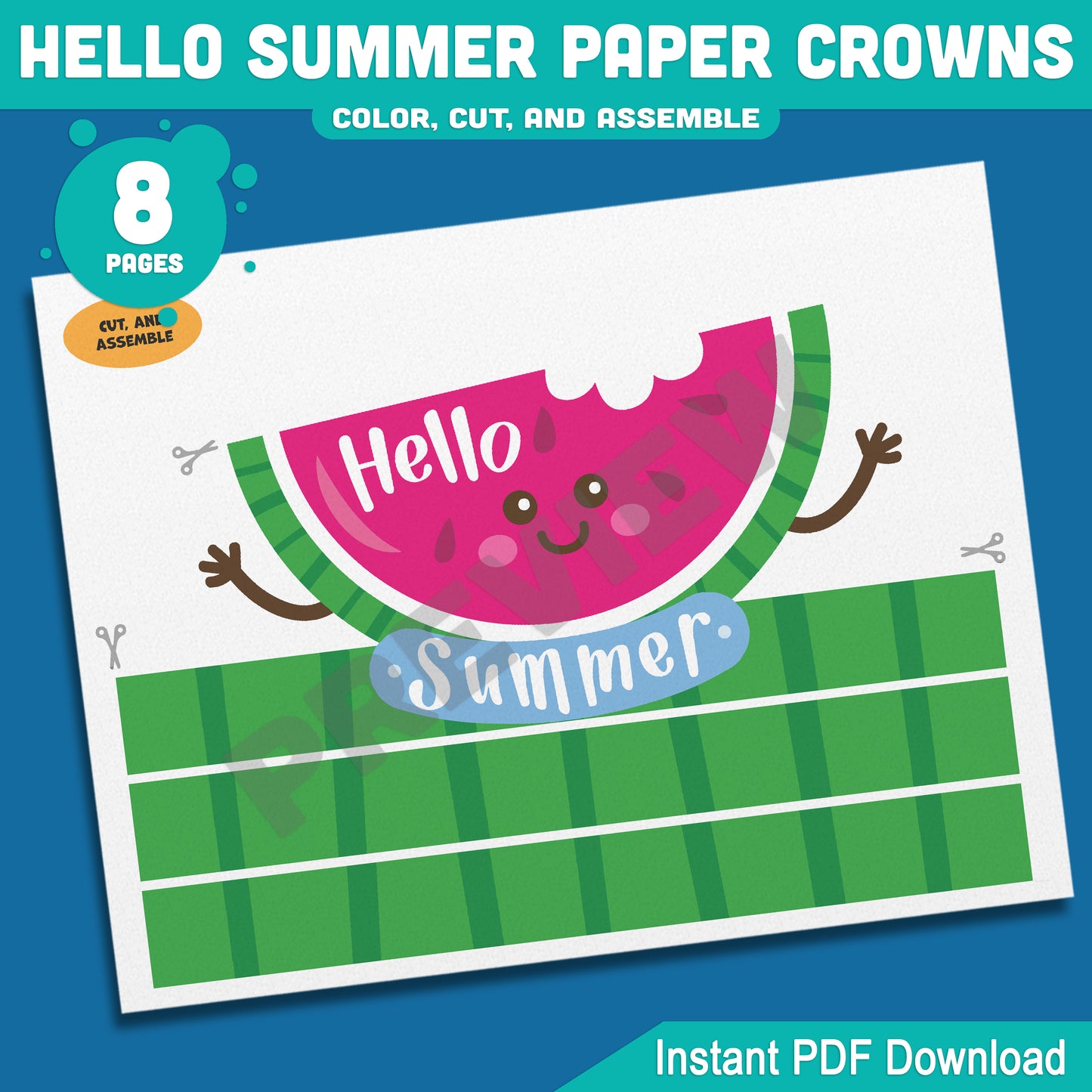 Hello Summer Paper Crown Craft for Kids – Beach Headbands in 4 Designs, Color and Black & White Printable Hats, Instant PDF, 8 Pages