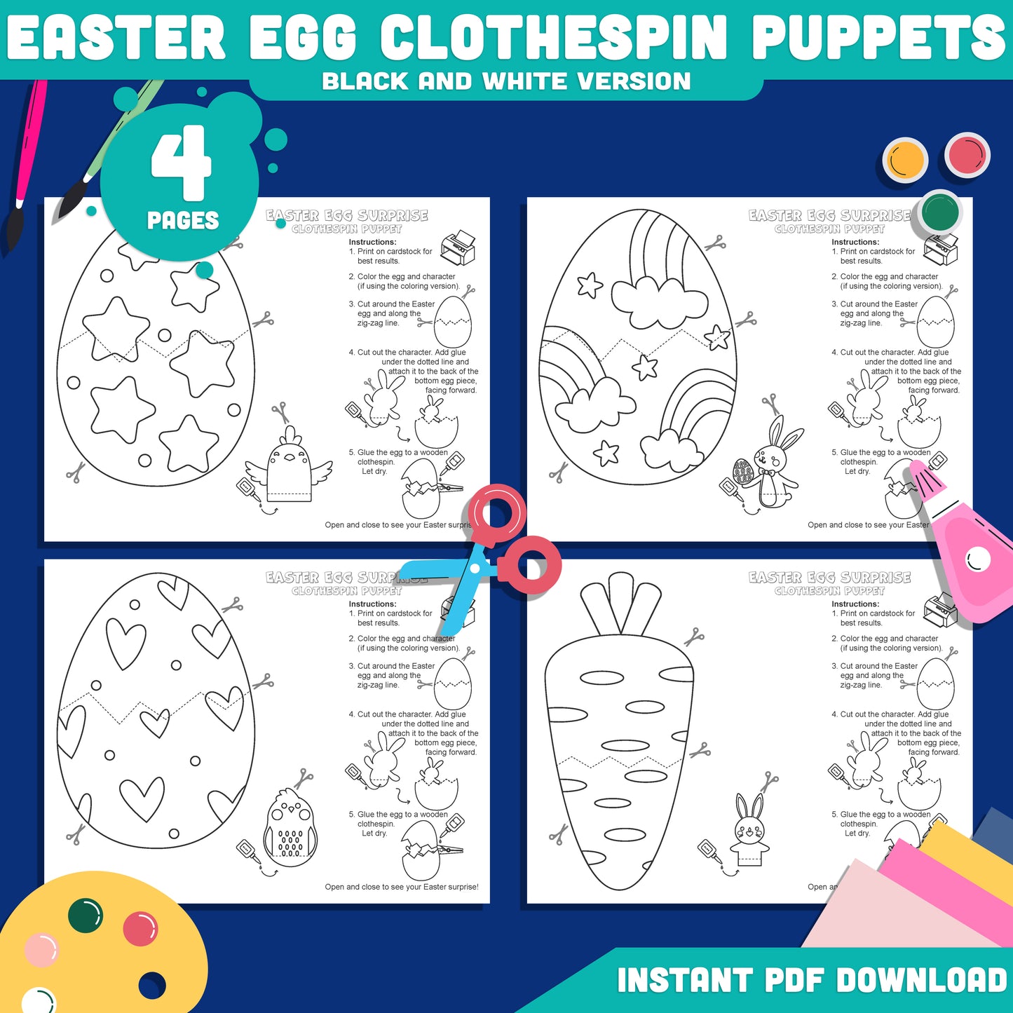 DIY Easter Puppet Printable, Easter Egg Surprise Craft Printable with Bunny and Chick, Clothespin Puppet Craft Templates, 4 Designs