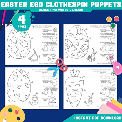 DIY Easter Puppet Printable, Easter Egg Surprise Craft Printable with Bunny and Chick, Clothespin Puppet Craft Templates, 4 Designs