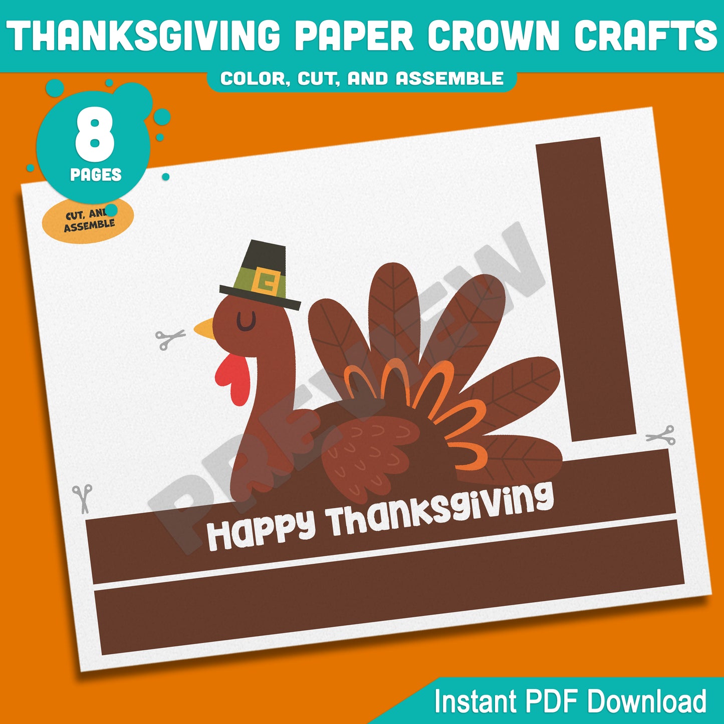 Printable Happy Thanksgiving Paper Crown Crafts, Fall Hat & Autumn Headband Activity for Kids, Party Paper Hat, 4 Designs, Pre-color + Black & White, PDF