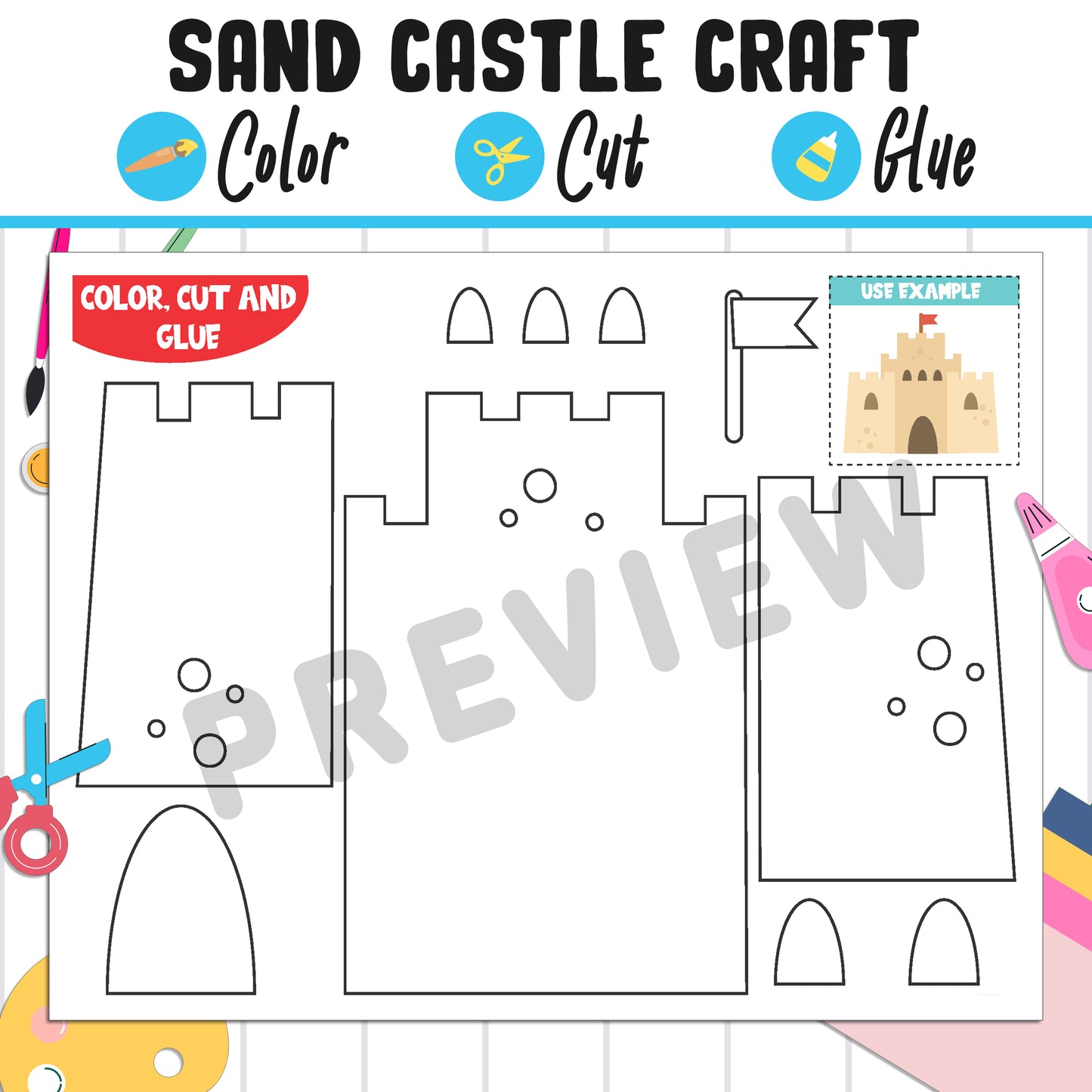 Build a Sandcastle: Summer Craft Activity for Kids - Color, Cut, and Glue Fun for Pre K to 2nd Grade, Instant PDF Download