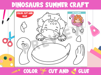 Dinosaurs Summer Craft Activity for Kids : Color, Cut, and Glue for PreK to 2nd Grade, PDF File, Instant Download