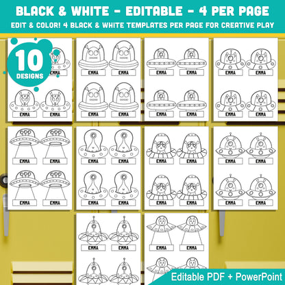Editable Locker Labels (Cubby Name Tags), Cute Alien UFO Themed, 10 Designs, Classroom Name Tags, PDF + PowerPoint, Instant Download