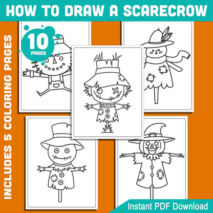 Scarecrow Drawing Tutorial for Kids: 5-Page Directed Drawing Lesson with 5 Halloween Coloring Pages, Great for Fall Activities, PDF Download, Instant Access