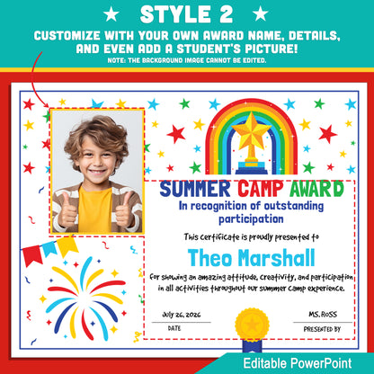 Editable Summer Camp Award – 4 Certificate Styles with Photo Options to Celebrate Camp Stars in STEM, Arts, Music, or Any Summer Program