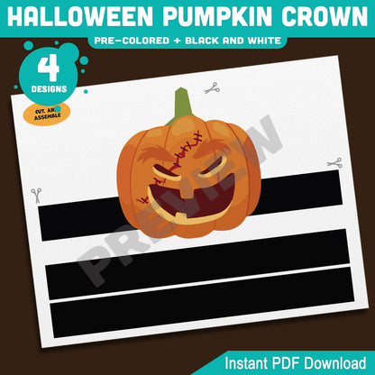 Halloween Pumpkin Crown, Printable Pumpkin Headband, Paper Hat Craft, Pre-Colored and Black & White, 4 Designs, Halloween Activity, A4, US Letter