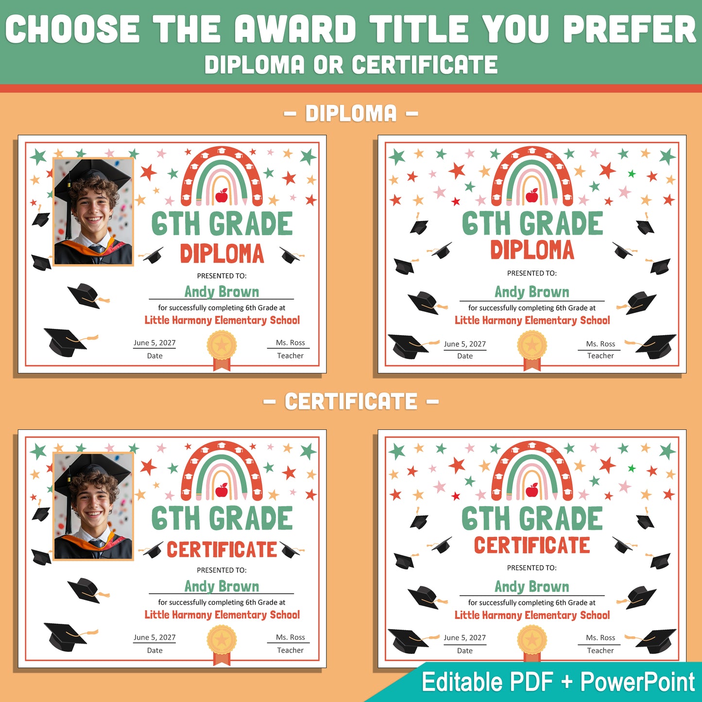 Editable 6th Grade Graduation Diploma & Certificate Set, Retro Rainbow Stars Theme, Printable Awards, Photo or No-Photo, PDF, PowerPoint