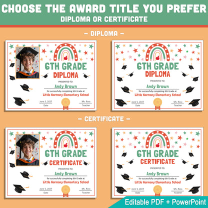 Editable 6th Grade Graduation Diploma & Certificate Set, Retro Rainbow Stars Theme, Printable Awards, Photo or No-Photo, PDF, PowerPoint