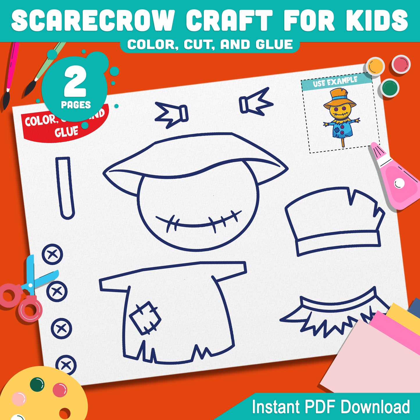 Fun Scarecrow Craft Activity Kit for Kids: Color, Cut, and Glue Project Perfect for Fall and Halloween Art, Homeschool, 2-Page PDF Instant Download