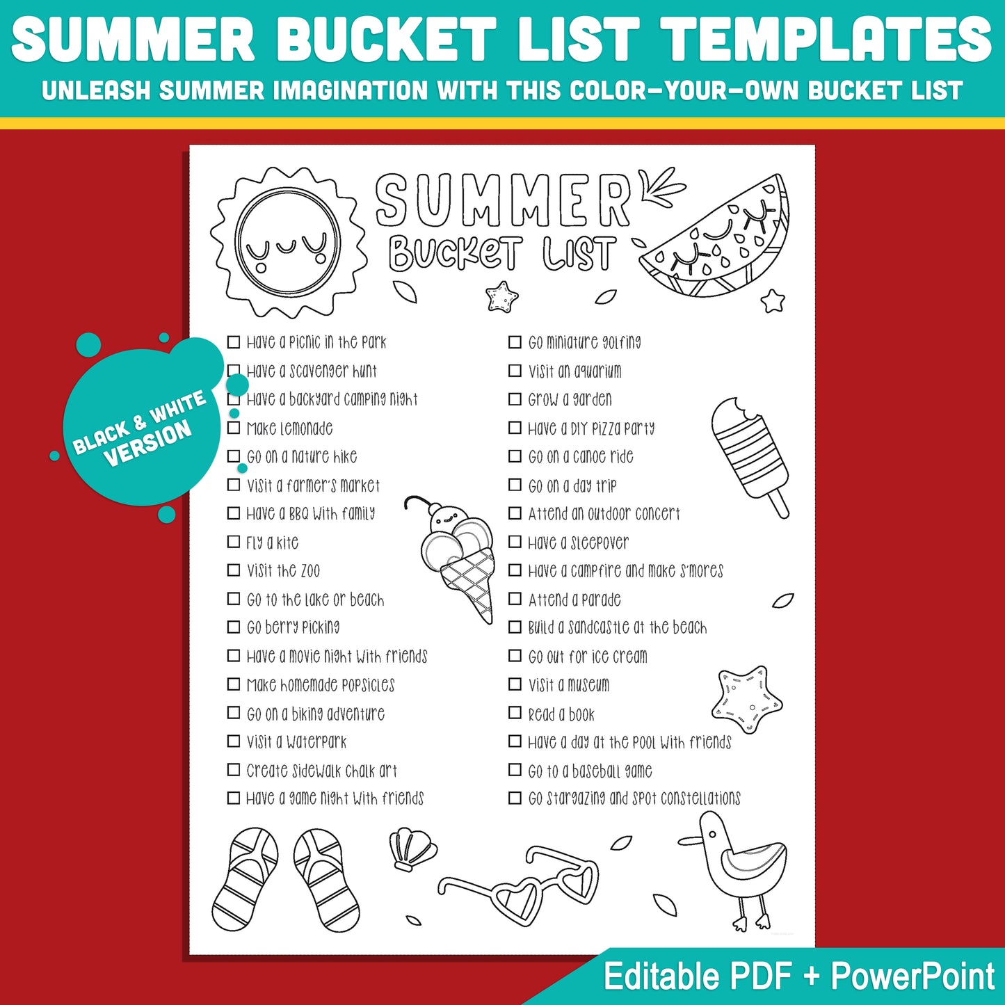 Editable Summer Break Checklist Printable – Fun Bucket List Template for Kids in PDF & PowerPoint with Coloring Options, Instant Download