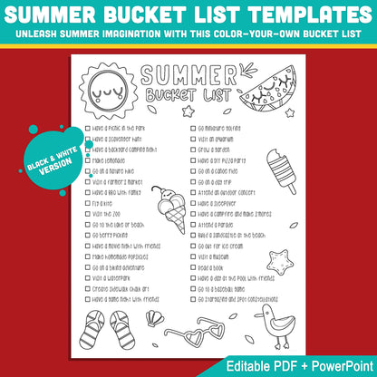 Editable Summer Break Checklist Printable – Fun Bucket List Template for Kids in PDF & PowerPoint with Coloring Options, Instant Download