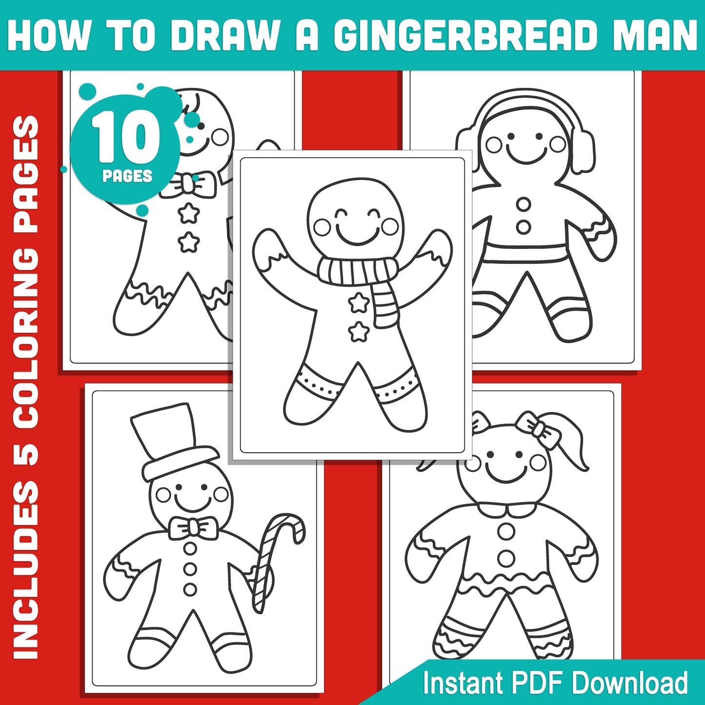 Learn to Draw a Gingerbread Man for Kids: 5-Page Step-by-Step Drawing Tutorial with 5 Festive Coloring Pages, Christmas Art Activity, Printable PDF Download