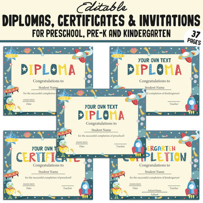 Kindergarten Certificates End of the Year, Preschool, Pre K, Diplomas & Invitations, 37 Customizable PDF Pages, Instant Download