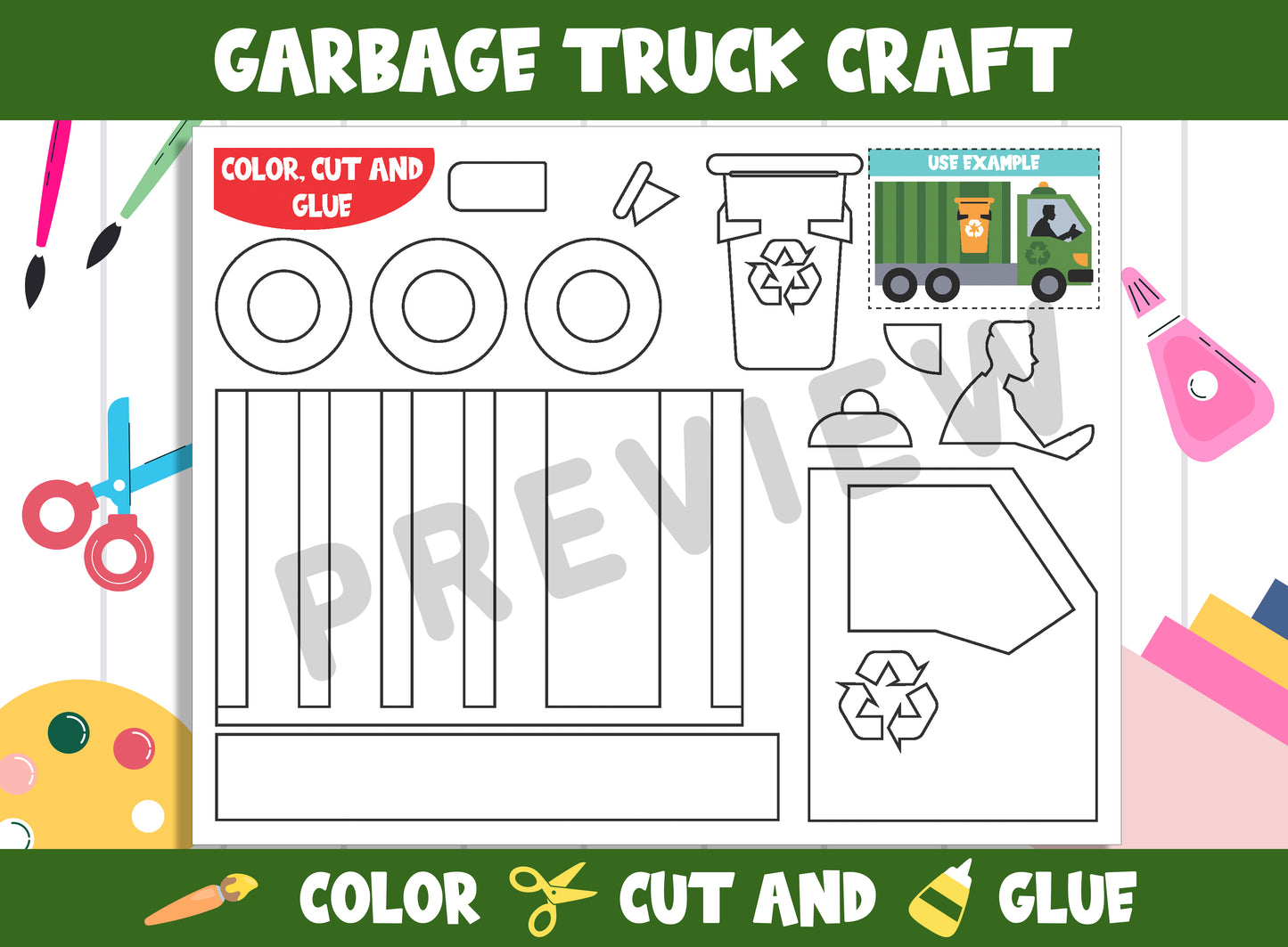 Garbage Truck Craft Activity - Color, Cut, and Glue for PreK to 2nd Grade, PDF File, Instant Download