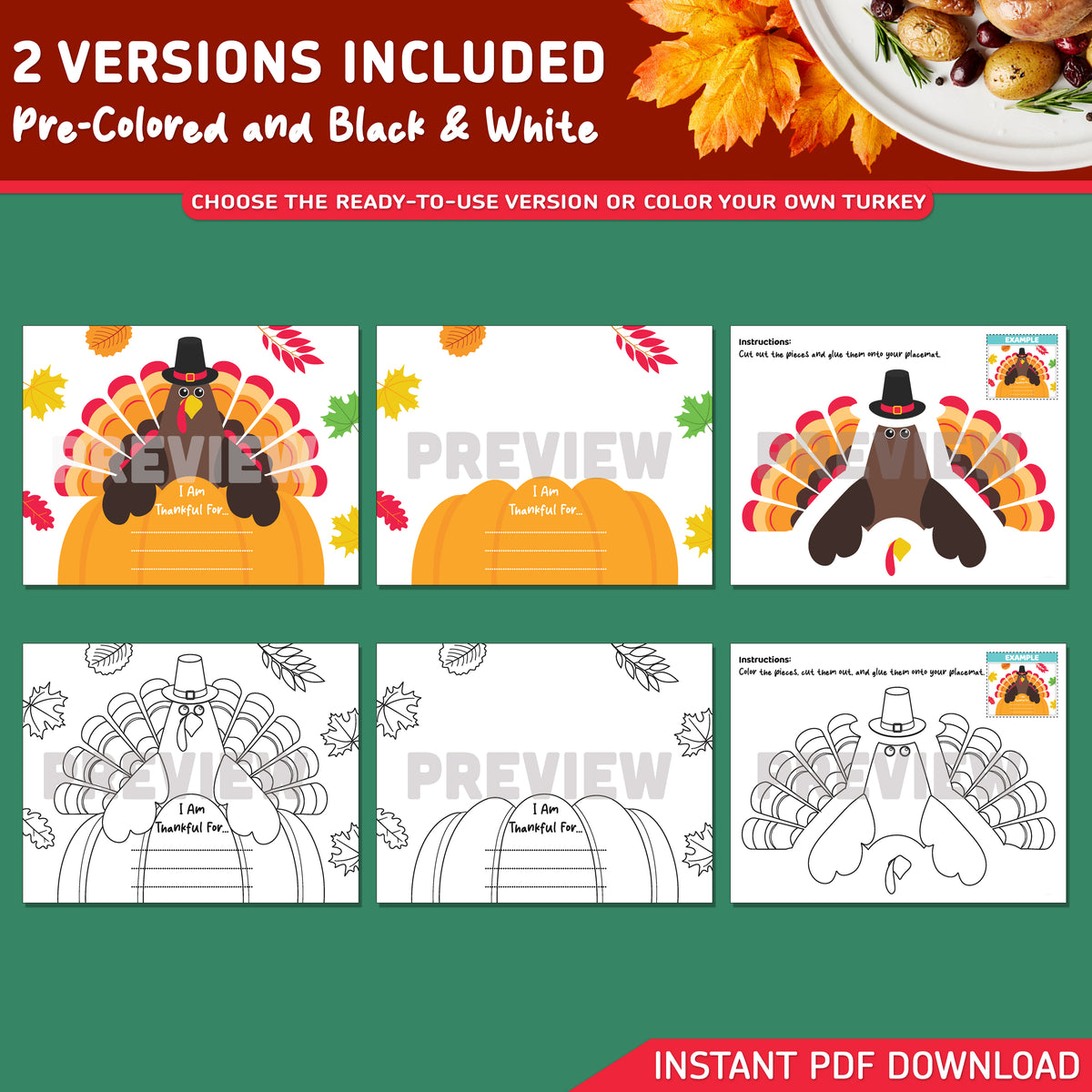 Thanksgiving Placemat Craft, Turkey Paper Craft, Gratitude Worksheet
