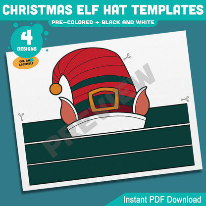 Christmas Elf Hat Templates, Kids Coloring Activity, Cut and Assemble Paper Hats
