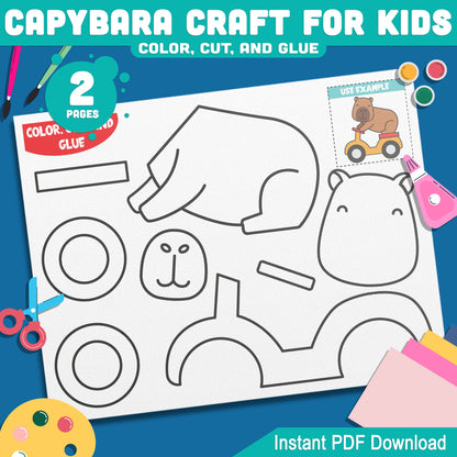 Capybara Scooter Adventure Craft: Easy Color, Cut, and Glue Activity for Kids, Perfect for Jungle Animal Art Projects, Instant PDF