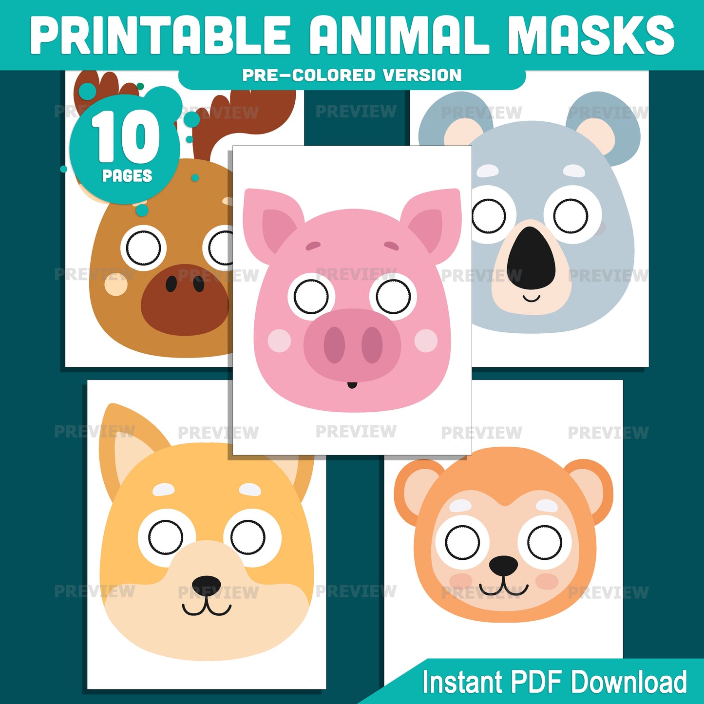 Printable Animal Paper Masks, Kids Color, Cut & Wear Animal Craft, 10 Printable Faces, Pre-Colored, Black and White, Letter, A4 PDF