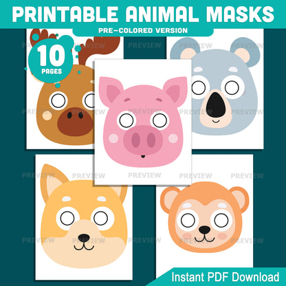 Printable Animal Paper Masks, Kids Color, Cut & Wear Animal Craft, 10 Printable Faces, Pre-Colored, Black and White, Letter, A4 PDF