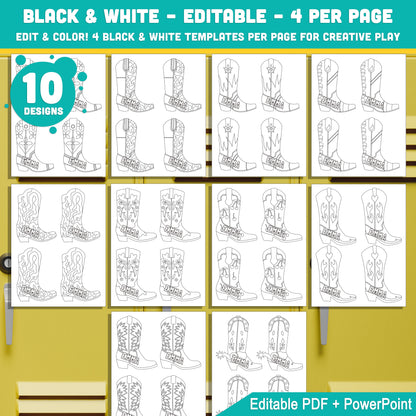 Editable Name Tags, Cowboy and Cowgirl Boots Theme – 10 Fun Designs, 4 per Page, PDF + PowerPoint, Black & White Included