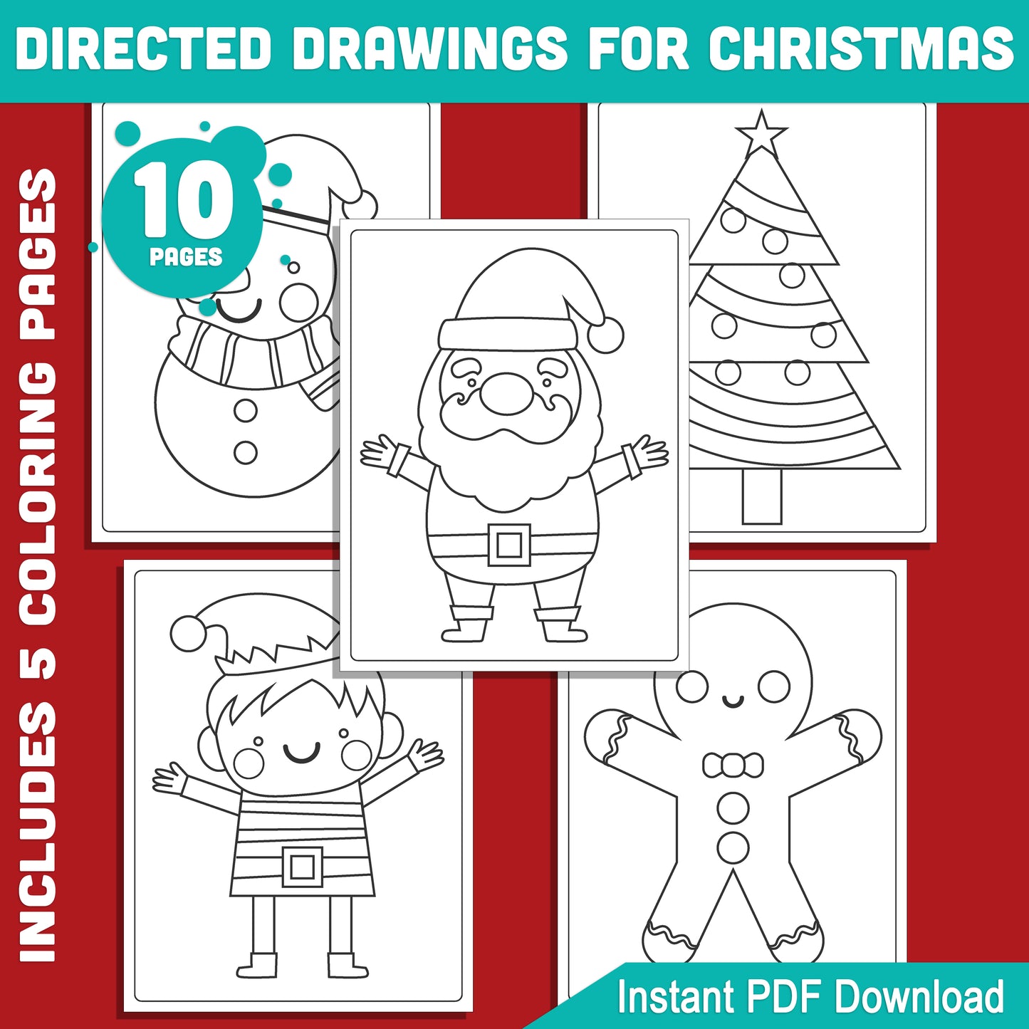 Step-by-Step Christmas Drawing Tutorial for Kids: Learn to Draw Santa, Snowman, Elf, Tree, Gingerbread Man – 5 Fun Pages + 5 Coloring Sheets, PDF Download