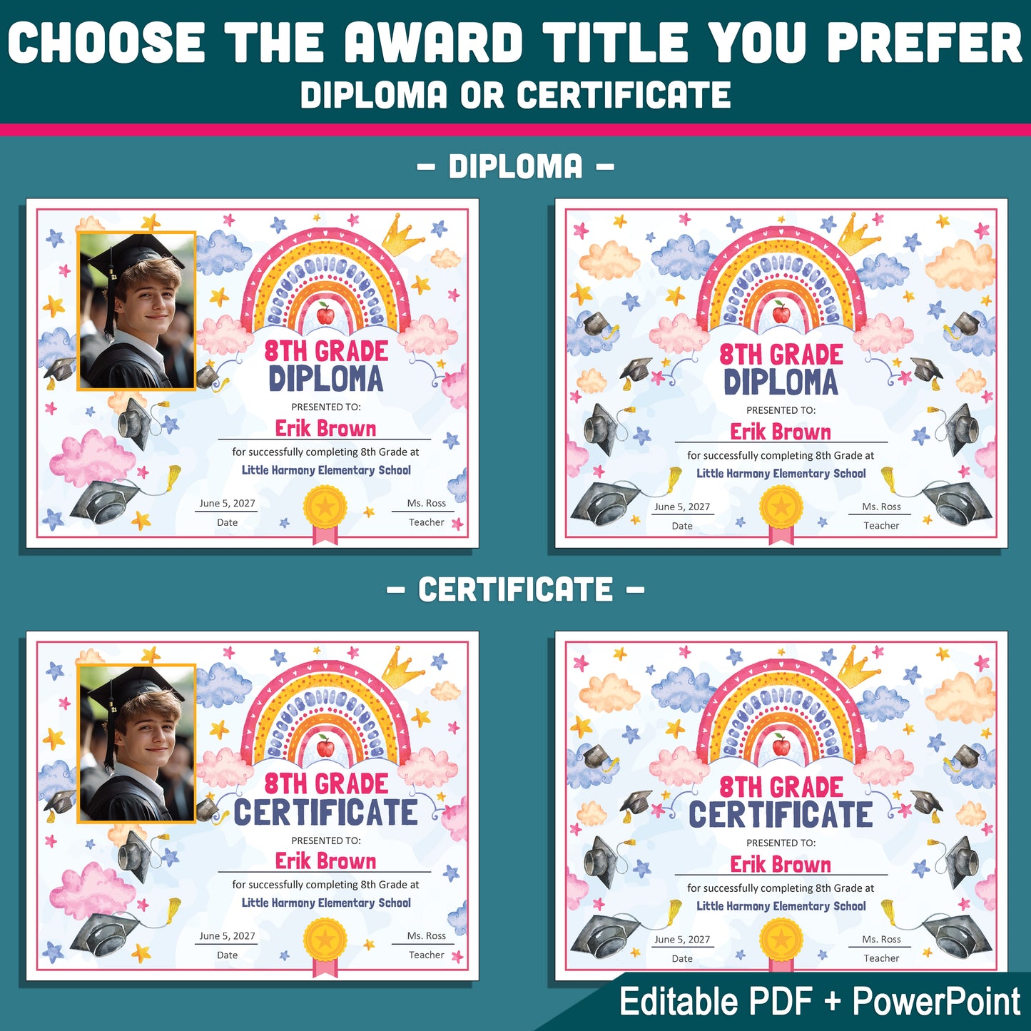 8th Grade Completion Certificate, Eighth Grade Graduation End of School Year Awards, Editable Rainbow Stars, Photo and No Photo, PDF and PowerPoint