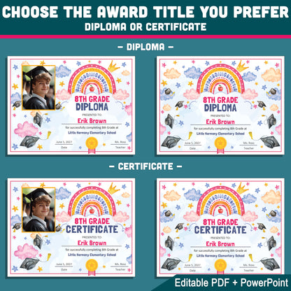 8th Grade Completion Certificate, Eighth Grade Graduation End of School Year Awards, Editable Rainbow Stars, Photo and No Photo, PDF and PowerPoint