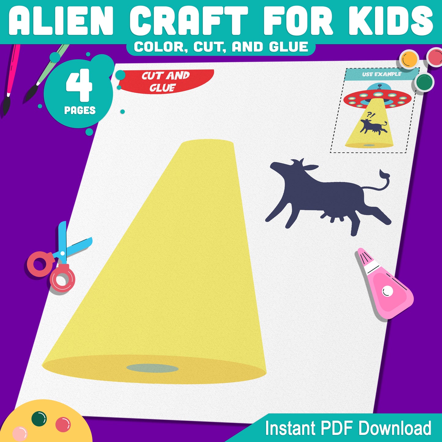 Alien Craft for Kids: Fun Printable Templates for Space-Themed Cut and Glue Activity, 4 Pages with Pre-Colored + Black & White