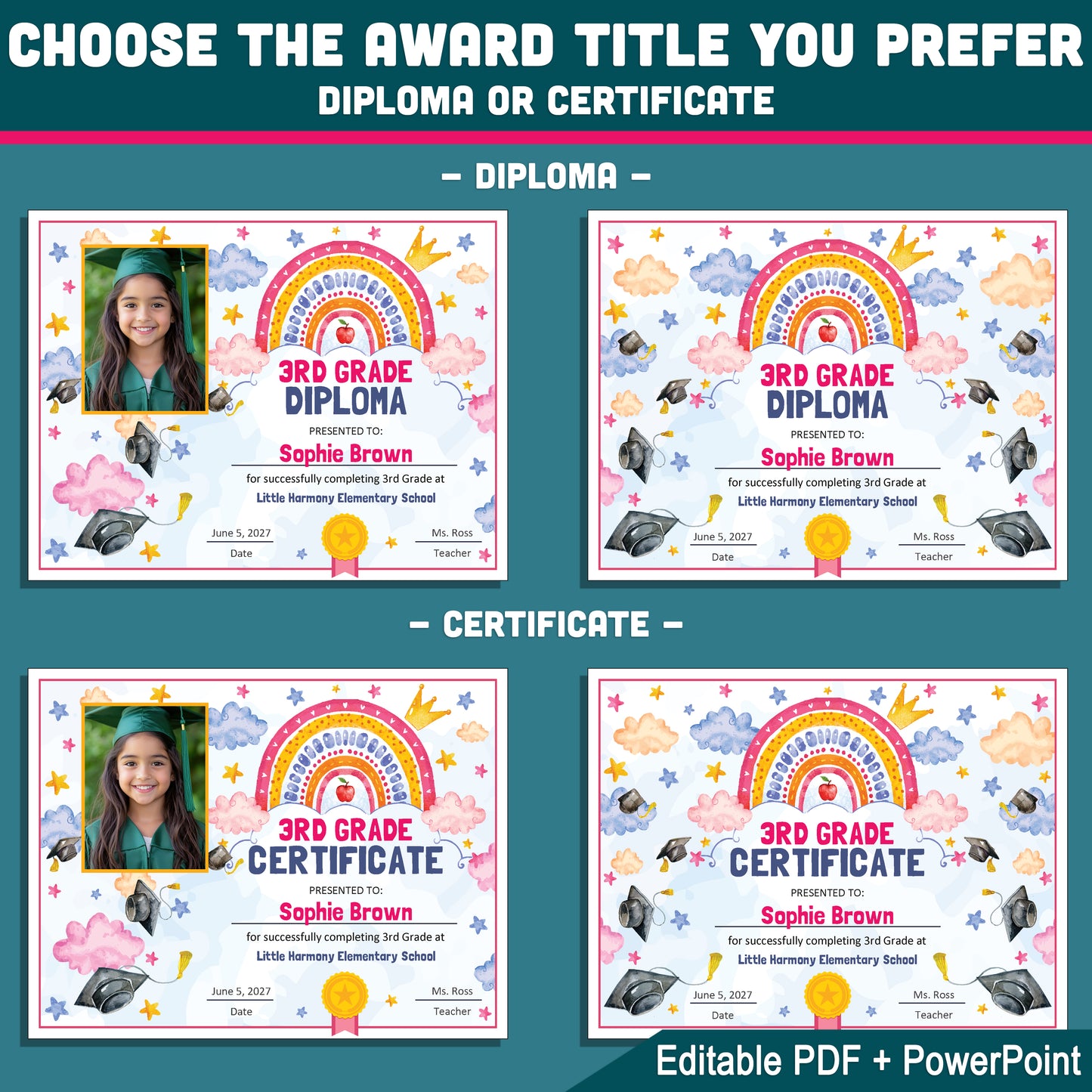 3rd Grade Completion Certificate, Third Grade Graduation Moving Up Awards, Editable Rainbow Star Theme, Photo and No Photo, PDF and PowerPoint